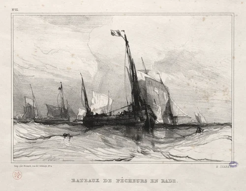 Fishing Boats at Anchor by Eugène Isabey, print, 1836