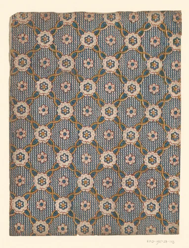 Blad met ruitenpatroon met overhoeks bloemmotief en bloem als veldvulling op onderbroken lijnenfond by anonymous, other, 1750-1900