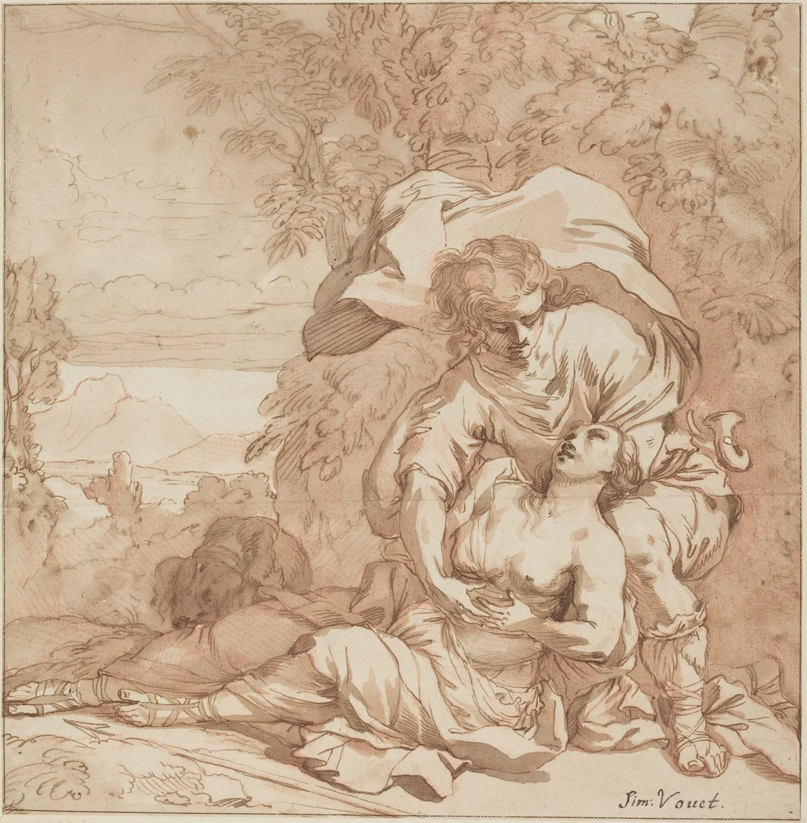 Procris and Cephalus (?) by Simon Vouet, drawing, 1590-1649