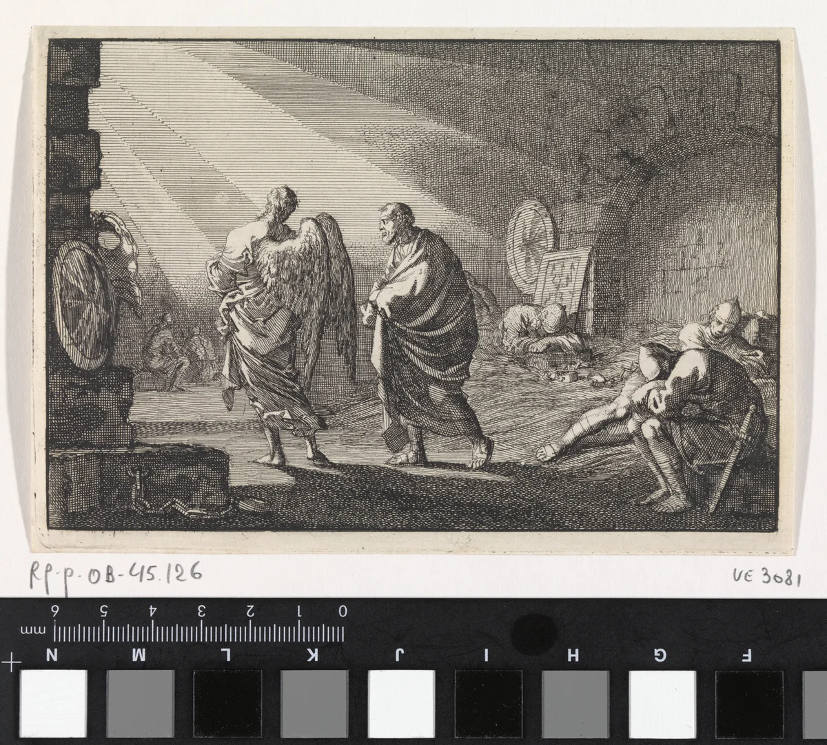 Petrus door de engel uit de gevangenis bevrijd by Jan Luyken, print, 1703