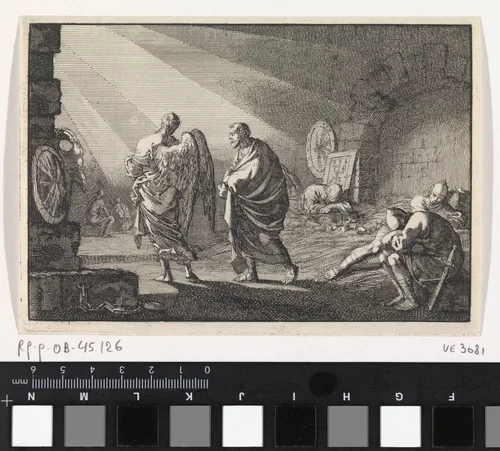 Petrus door de engel uit de gevangenis bevrijd by Jan Luyken, print, 1703