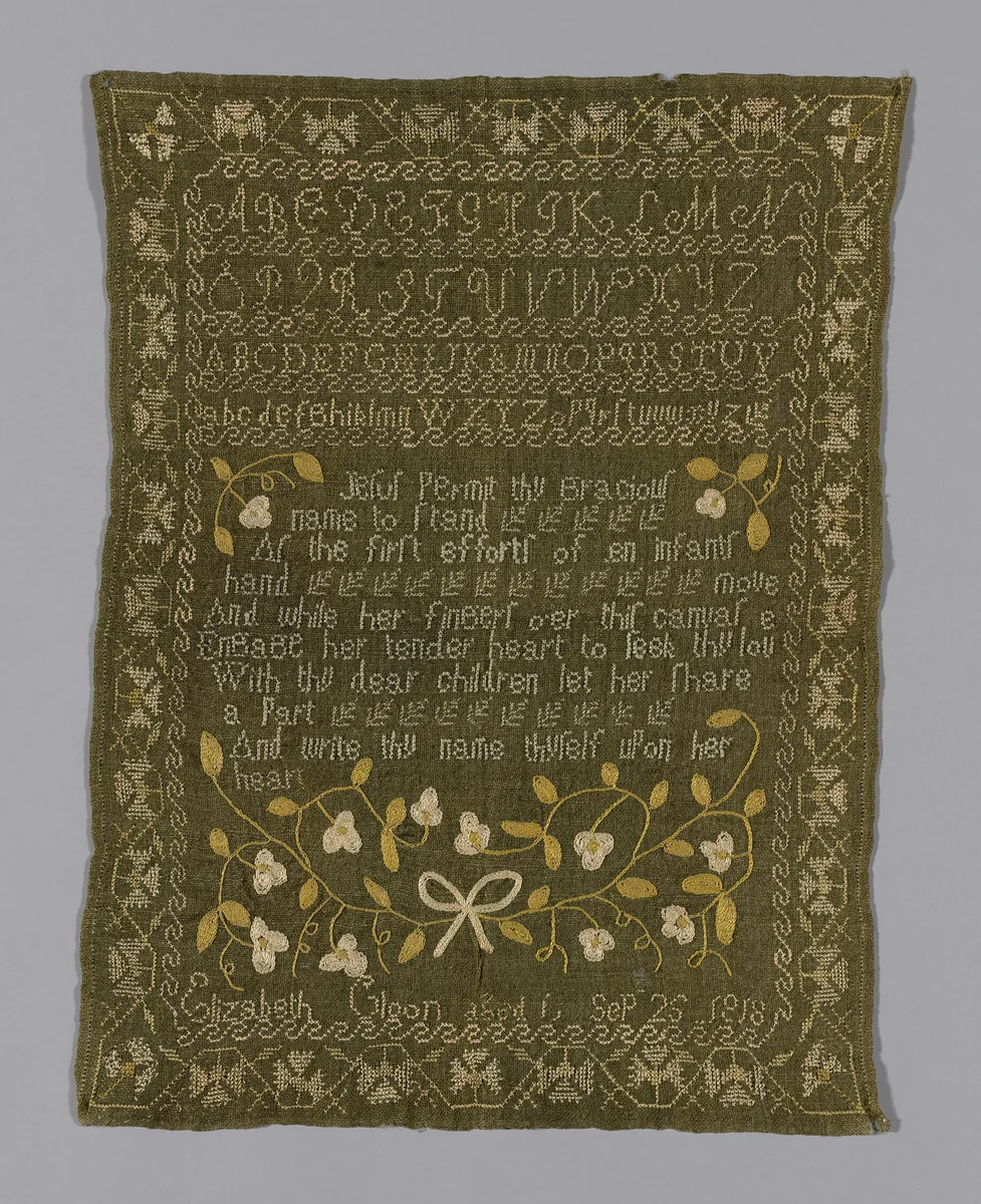 Sampler by Elizabeth Gloon, textile, 1818