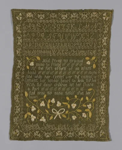 Sampler by Elizabeth Gloon, textile, 1818
