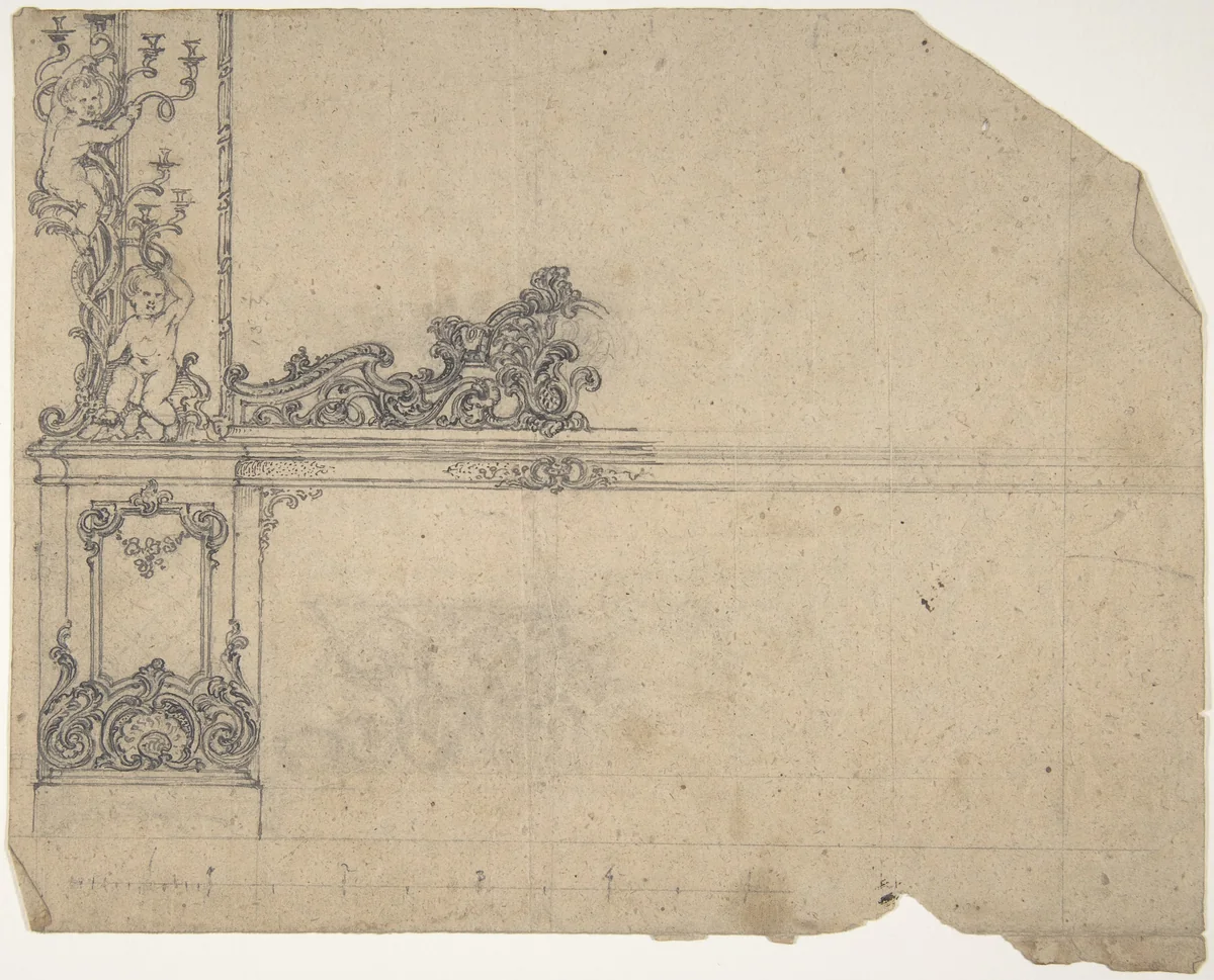 Design for left-hand side of a side-board, framed by sconces with putti by anonymous, drawing, 1800-1900