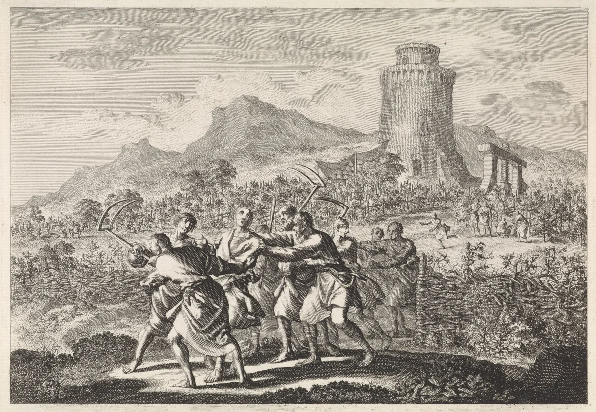 Gelijkenis van de pachters van de wijngaard by Jan Luyken, print, 1700