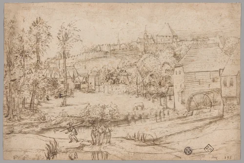 Landscape with River and Mill by Unknown Artist, drawing, 1535-1545