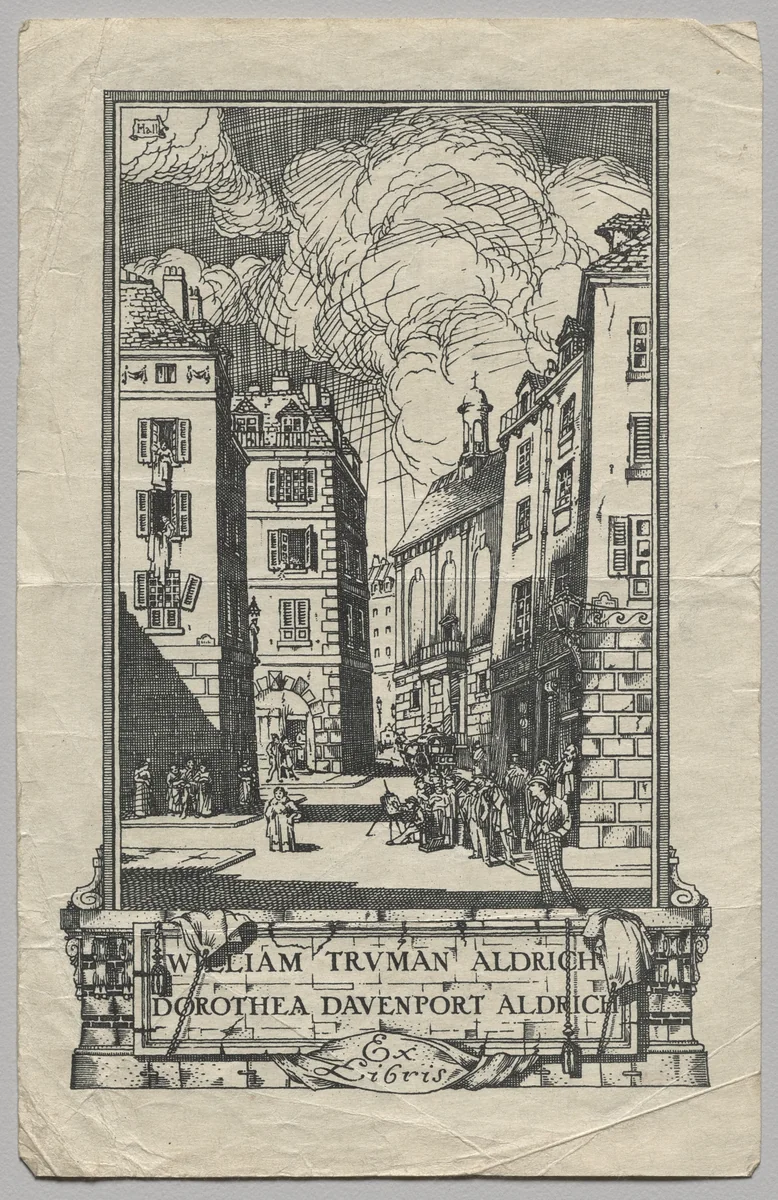 Bookplate: William Truman Aldrich and Dorthea Davenport Aldrich, Ex Libris inscribed by Frederick Garrison Hall, print, 1907-1917