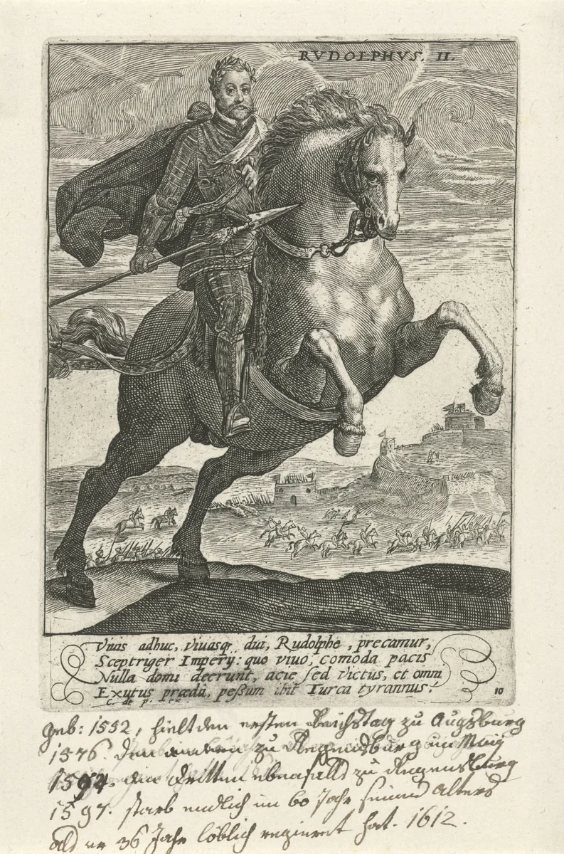 Rudolf II van Habsburg te paard by Crispijn van de Passe, print, 1604