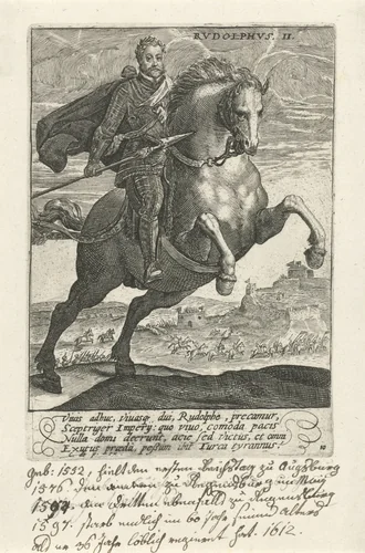 Rudolf II van Habsburg te paard by Crispijn van de Passe, print, 1604