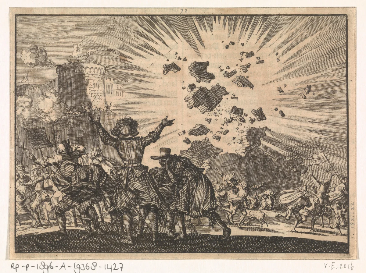 Castel Nuovo te Napels explodeert gedeeltelijk tijdens de feestviering ter herinnering aan de overwinning van de keizer te Nordlingen, 1636 by Jan Luyken, print, 1698