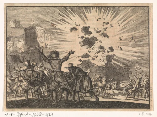 Castel Nuovo te Napels explodeert gedeeltelijk tijdens de feestviering ter herinnering aan de overwinning van de keizer te Nordlingen, 1636 by Jan Luyken, print, 1698