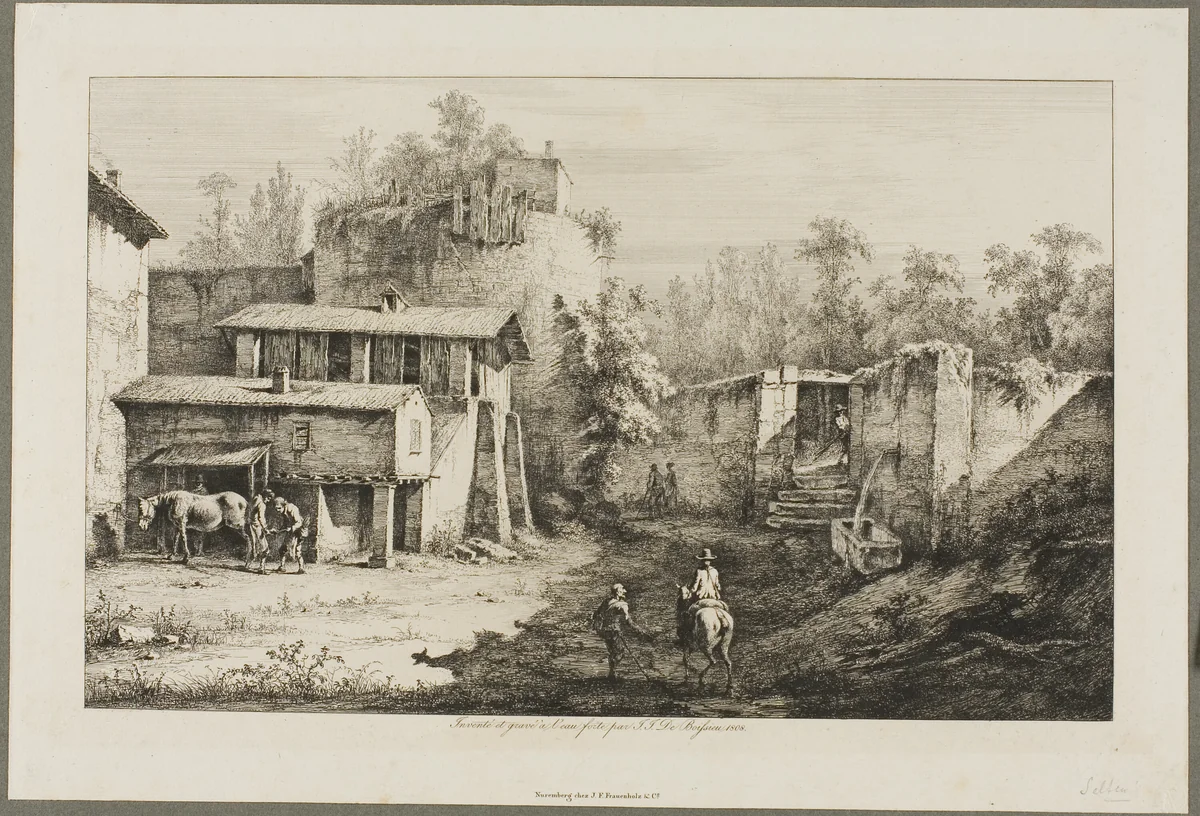 Landscape with Rider and Blacksmith by Jean Jacques de Boissieu, print, 1808