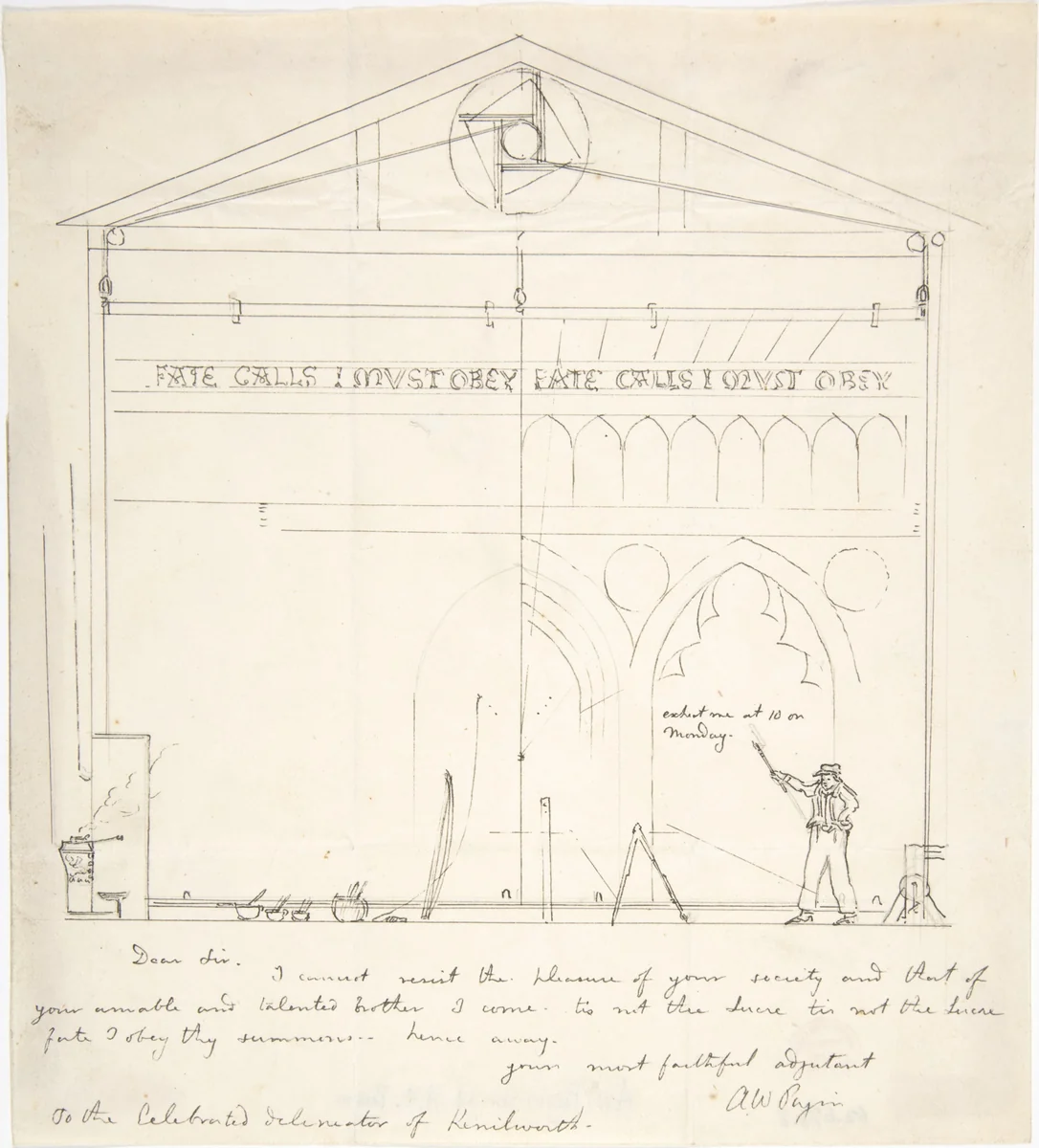 Letter with Sketch of Artist Painting Stage Scenery by Augustus Welby Northmore Pugin, drawing, 1831