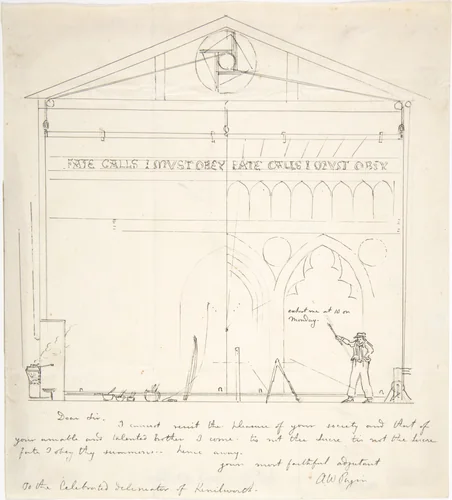 Letter with Sketch of Artist Painting Stage Scenery by Augustus Welby Northmore Pugin, drawing, 1831