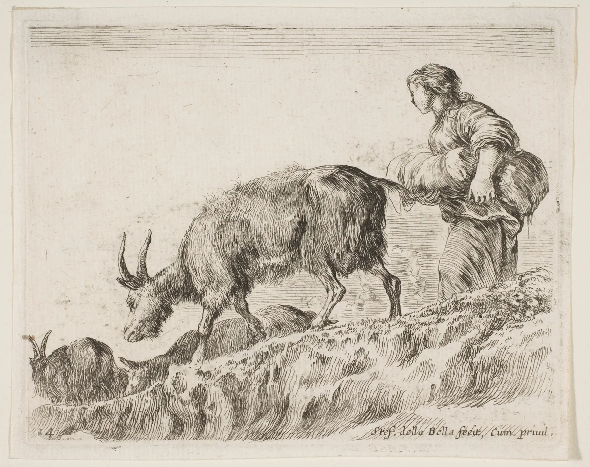 Shepherdess herding goats, plate 14 from "Various Animals" (Diversi Animali) by Stefano della Bella, print, 1636-1646