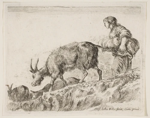 Shepherdess herding goats, plate 14 from "Various Animals" (Diversi Animali) by Stefano della Bella, print, 1636-1646