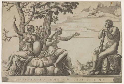 Hercules at the cross-roads, he is seated at the right, to the left are female personifications of Virtue and Vice by Adamo Scultori, print, 1547-1587