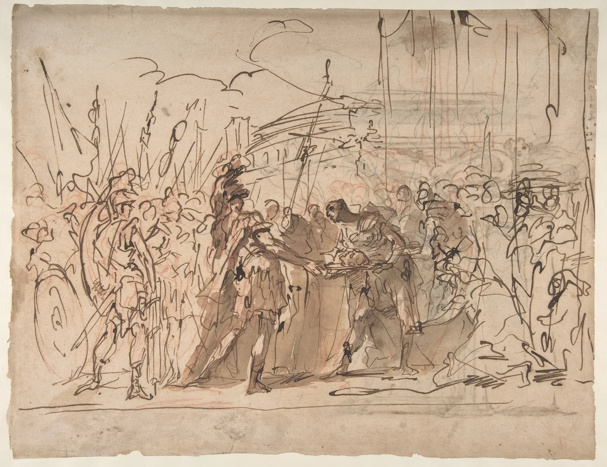 The Head of Pompey Presented to Julius Caesar (recto); Study for an Elaborate Door Frame (verso) by Giovanni Antonio Pellegrini, drawing, 1675-1741