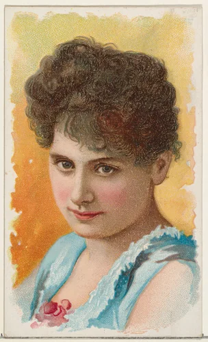 Actress wearing blue sleeveless bodice with red flower at neckline, from Stars of the Stage, First Series (N129) issued by W. Duke, Sons & Co. to promote Honest Long Cut Tobacco by W. Duke, Sons & Co., print, 1890