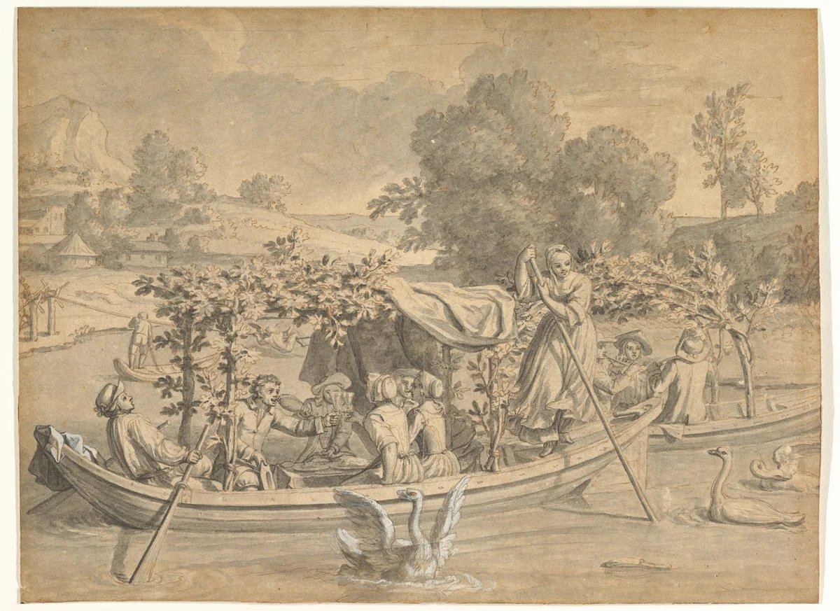 July: Amusements on the Water, (Juillet : les Divertissements sur l’eau) by Claude Simpol, drawing, 1695-1705