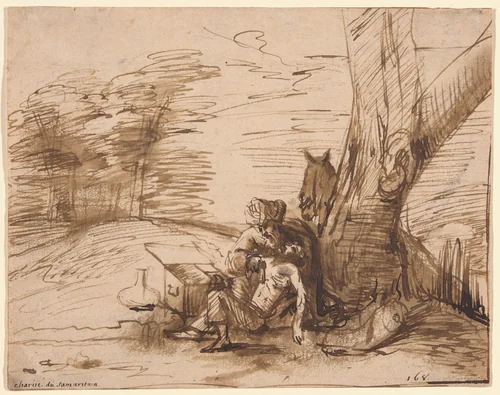 The Good Samaritan by Rembrandt van Rijn, drawing, 1645-1655