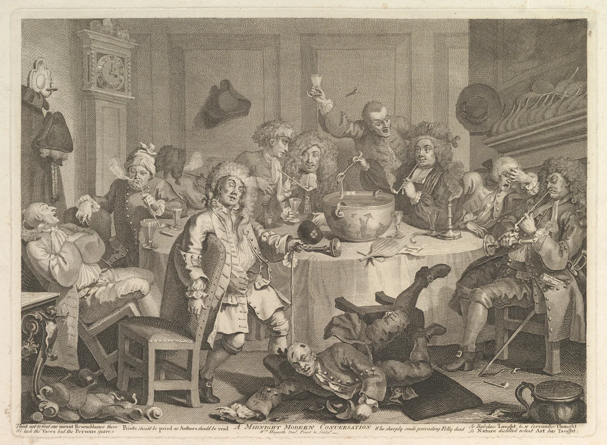 A Midnight Modern Conversation by William Hogarth, print, 1732-1733