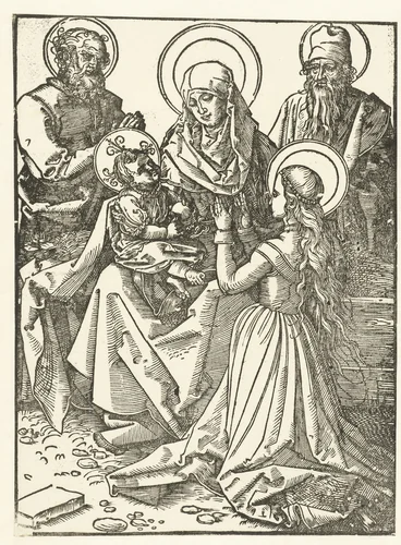 De Heilige Familie met Anna en Joachim by Unknown, print, 1519-1525