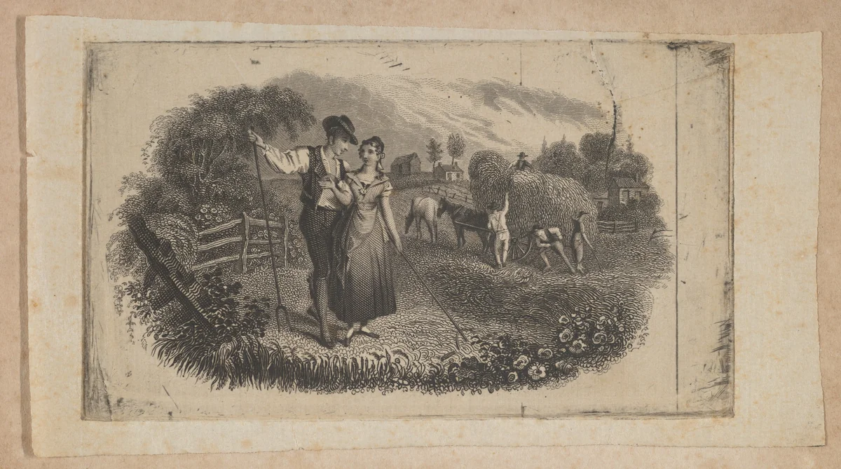 Banknote vignette with haymakers symbolizing rural industry by Asher Brown Durand, print, 1819-1837