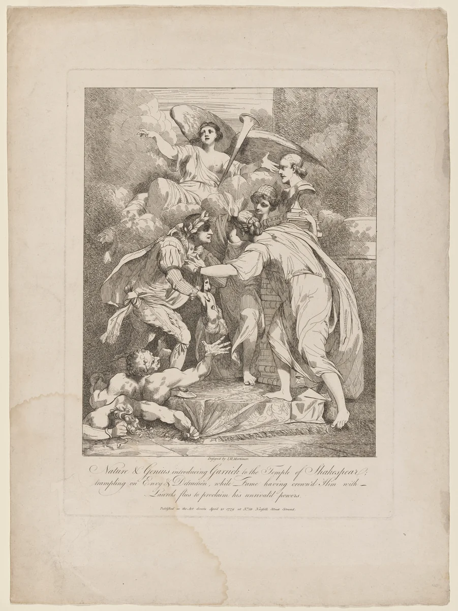 Nature and Genius Introducing Garrick to the Temple of Shakespeare by John Hamilton Mortimer, print, 1779