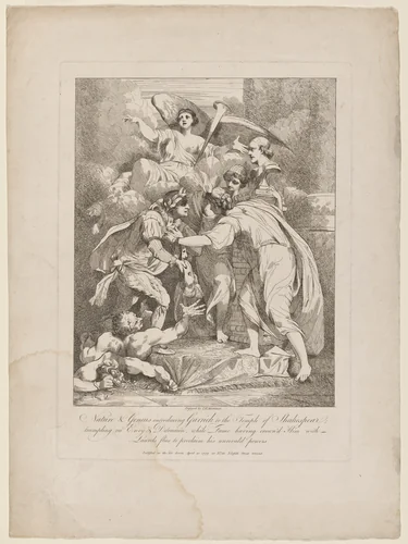 Nature and Genius Introducing Garrick to the Temple of Shakespeare by John Hamilton Mortimer, print, 1779