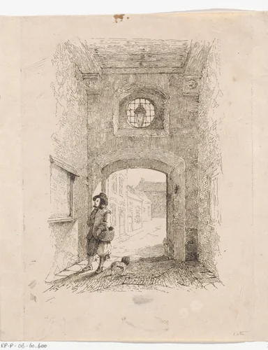 Man met hond bij een poort by Johannes Stroebel, print, 1831-1905