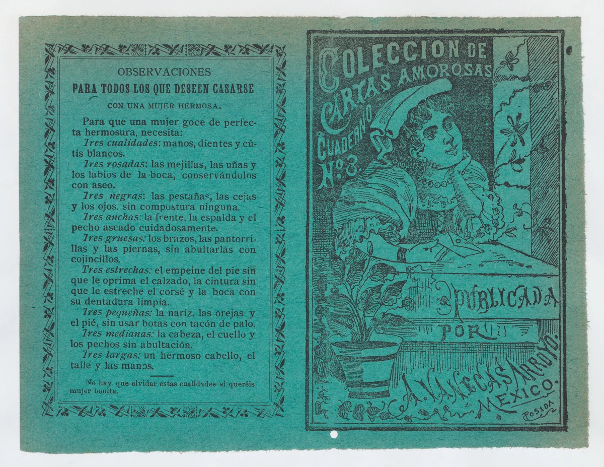 Cover for 'Coleccion de Cartas Amorosas Cuaderno No. 3', a young woman holding a letter and resting her head on her hand as she looks out a window by José Guadalupe Posada, print, 1895-1905
