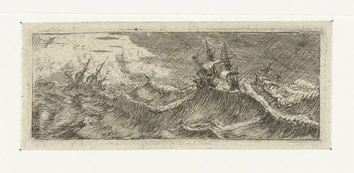 Klein zeegezicht met schepen in een storm by Reinier Nooms, print, 1650-1664