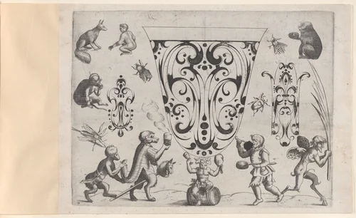 Blackwork Designs with Birds and Insects, Plate 7 from a Series of Blackwork Ornaments combined with Figures, Birds, Animals and Flowers by Meinert Gelijs, book, 1622