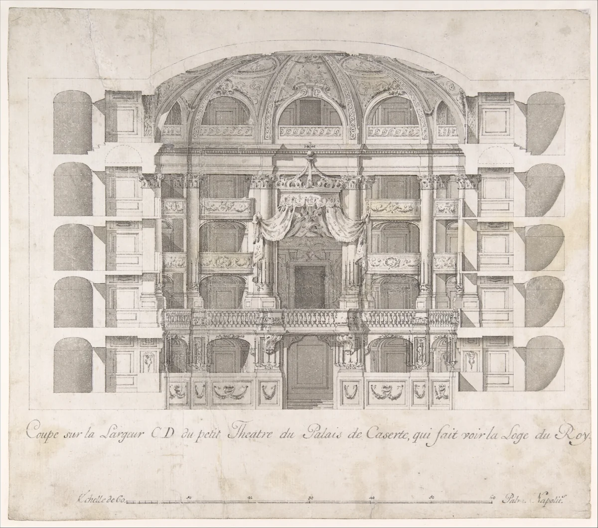 Transverse Section of the Small Theater in the Palace of Caserta with a View Towards the Royal Box by Luigi Vanvitelli, drawing, 1700-1773