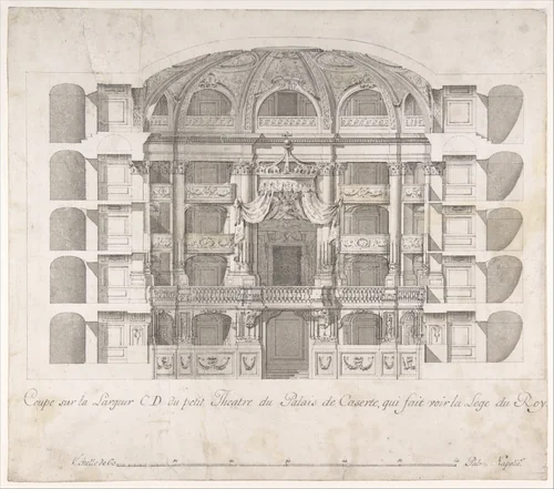 Transverse Section of the Small Theater in the Palace of Caserta with a View Towards the Royal Box by Luigi Vanvitelli, drawing, 1700-1773