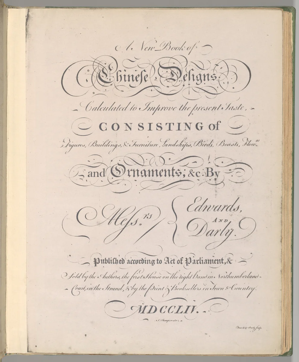 Title page of "A New Book of Chinese Designs" by Matthias Darly, book, 1754