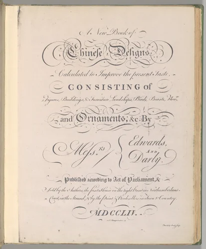 Title page of "A New Book of Chinese Designs" by Matthias Darly, book, 1754