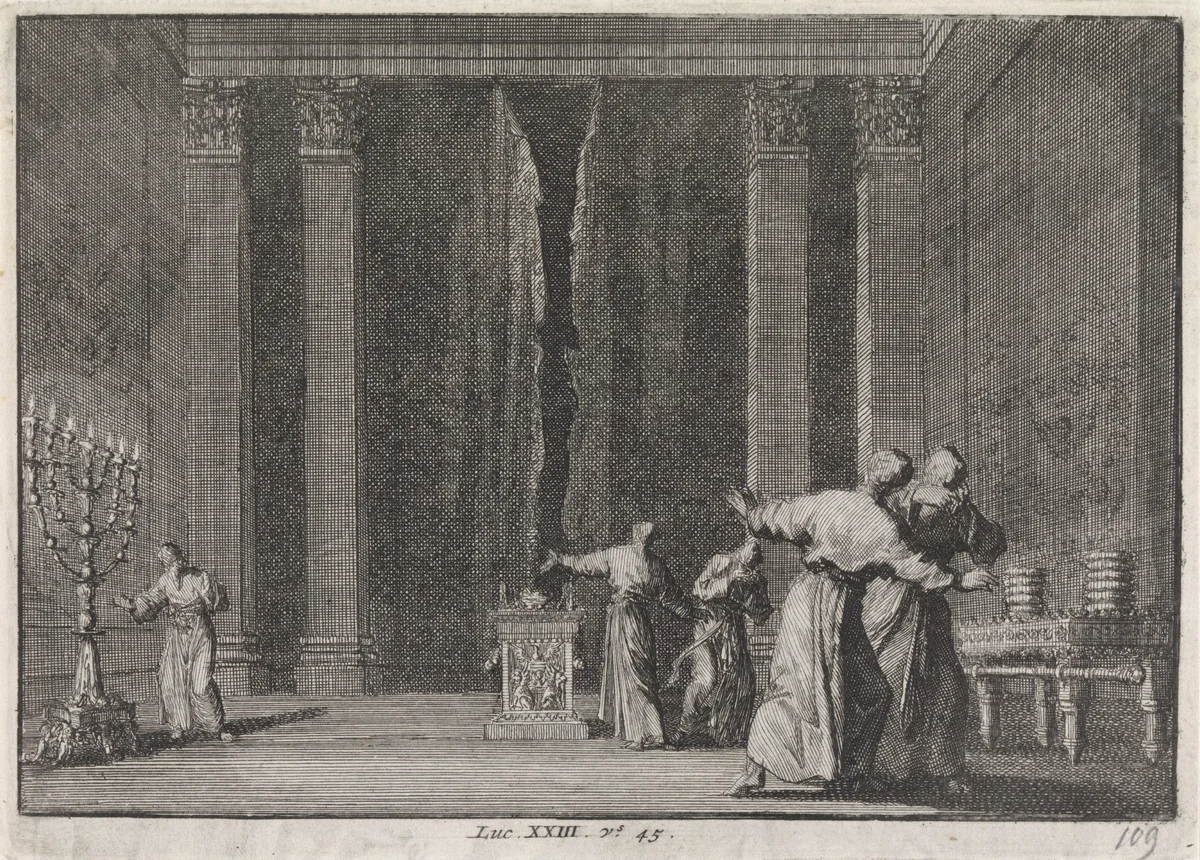 Scheuring van het voorhangsel in de tempel van Jeruzalem by Jan Luyken, print, 1703-1762