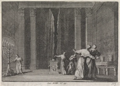 Scheuring van het voorhangsel in de tempel van Jeruzalem by Jan Luyken, print, 1703-1762