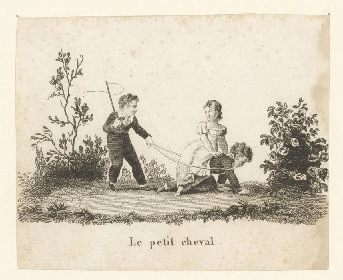 Meisje rijdt op de rug van een jongen by anonymous, print, 1800-1899