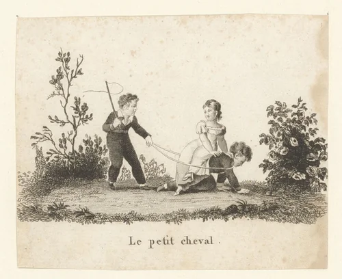 Meisje rijdt op de rug van een jongen by anonymous, print, 1800-1899
