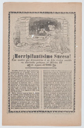 Broadsheet relating to a news story about a young mother who dismembered her newborn, a woman discovering the scene of the crime by José Guadalupe Posada, print, 1905