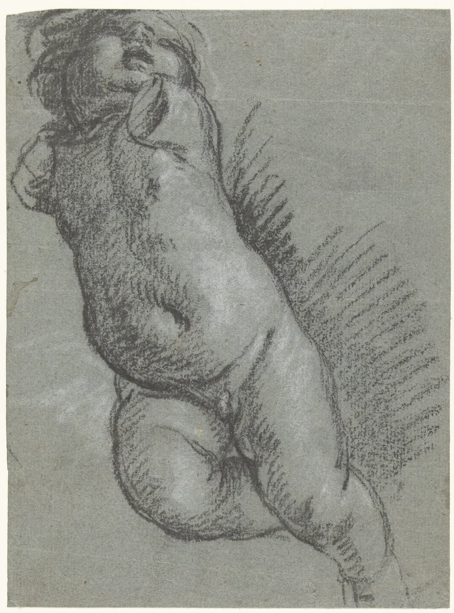 Studie van een zwevende putto by Giacomo Cavedone, drawing, 1587-1660