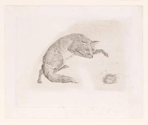 Vos jagend op een konijn by Charles Verlat, print, 1834-1890