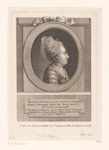 Portret van Chevalier d'Éon by Jean Pierre Julien Dupin, print, 1763-1786