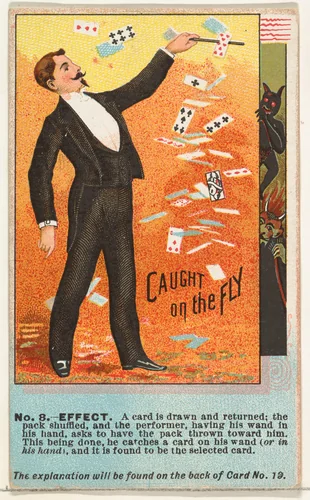 Number 8, Caught on the Fly, from the Tricks with Cards series (N138) issued by W. Duke, Sons & Co. to promote Honest Long Cut Tobacco by W. Duke, Sons & Co., print, 1887