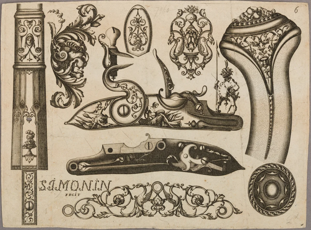 Engraving of Firearms Ornament by Claude Simonin, print, 1693-1695
