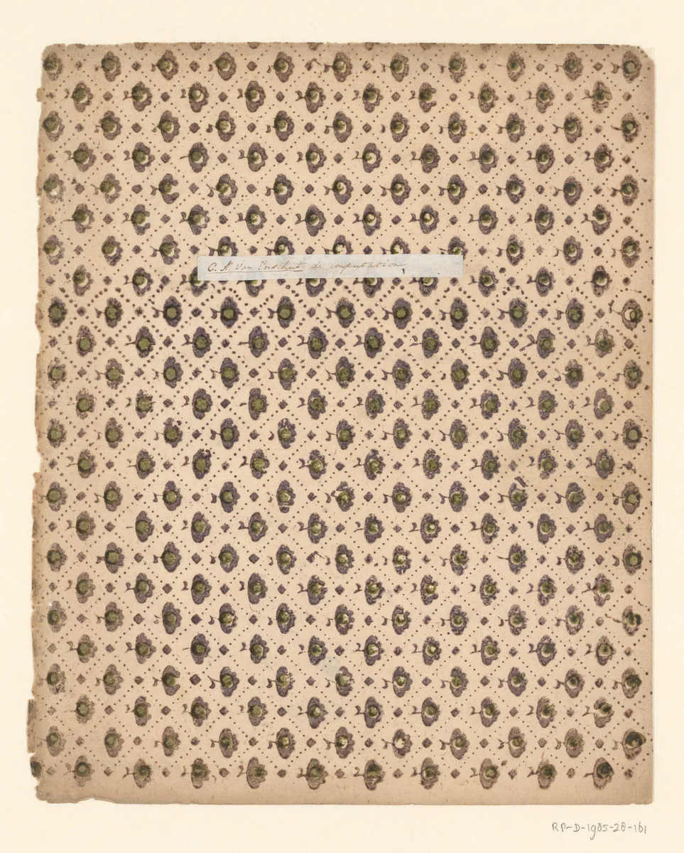 Ruitpatroon van punten en overhoekse vierkanten met vruchtje alsveldvulling in paars en groen, omslag met etiket by anonymous, other, 1750-1900