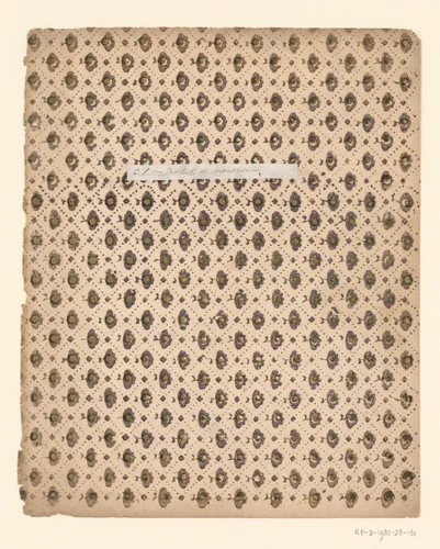 Ruitpatroon van punten en overhoekse vierkanten met vruchtje alsveldvulling in paars en groen, omslag met etiket by anonymous, other, 1750-1900